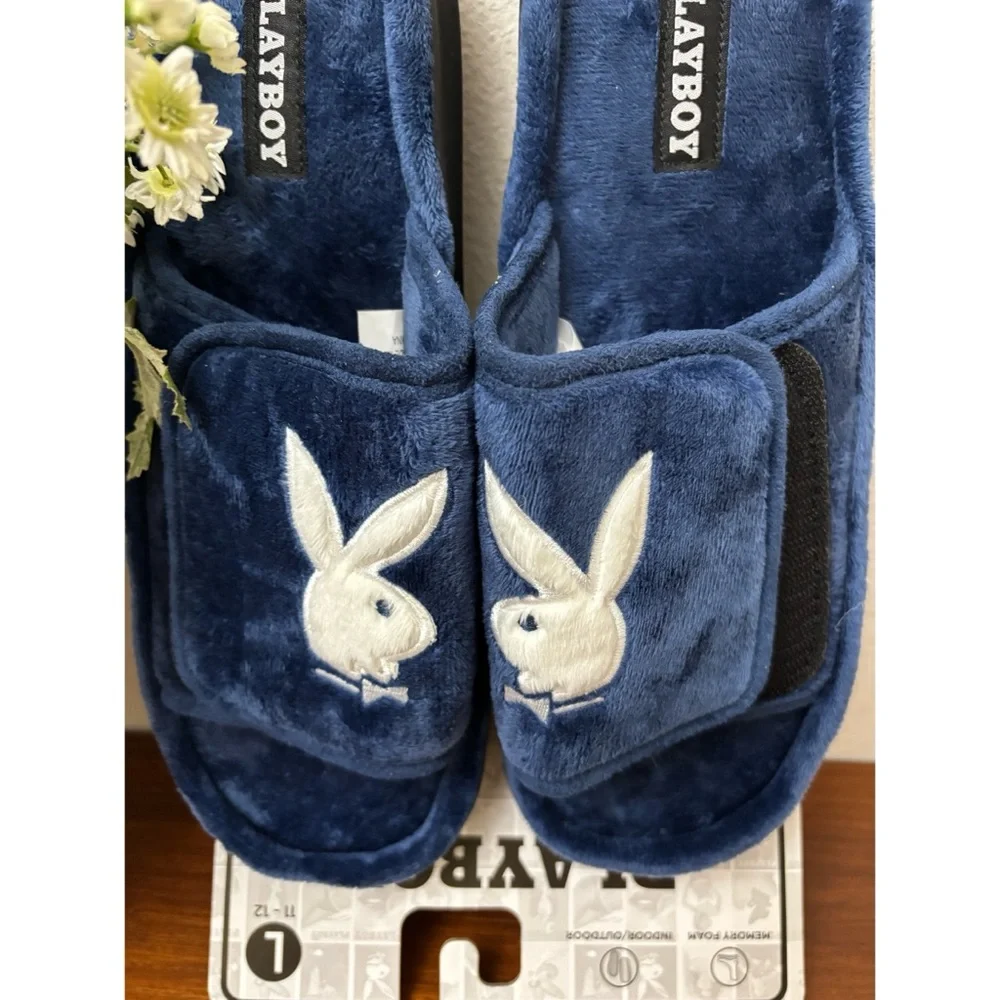 PLAYBOY MENS VELOUR SLIP ON SLIPPERS L 11/12 ROYAL BLUE MEMORY FOAM DAPPER RETRO